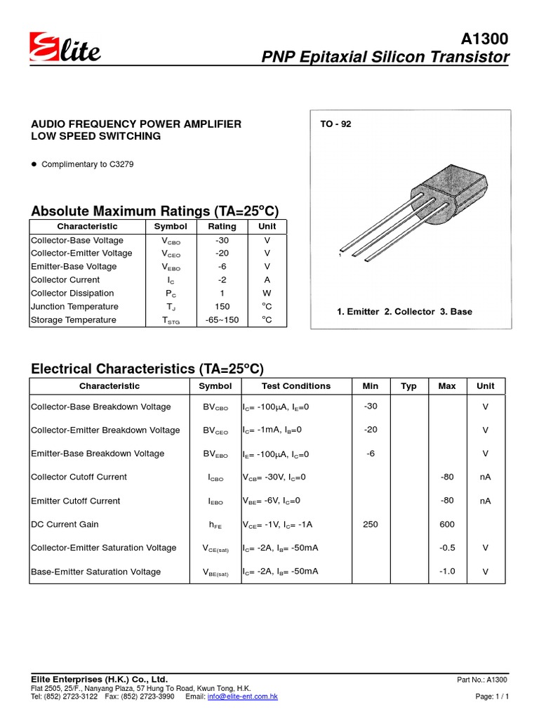 A1300 PNP Silicon Transistor Specs | PDF