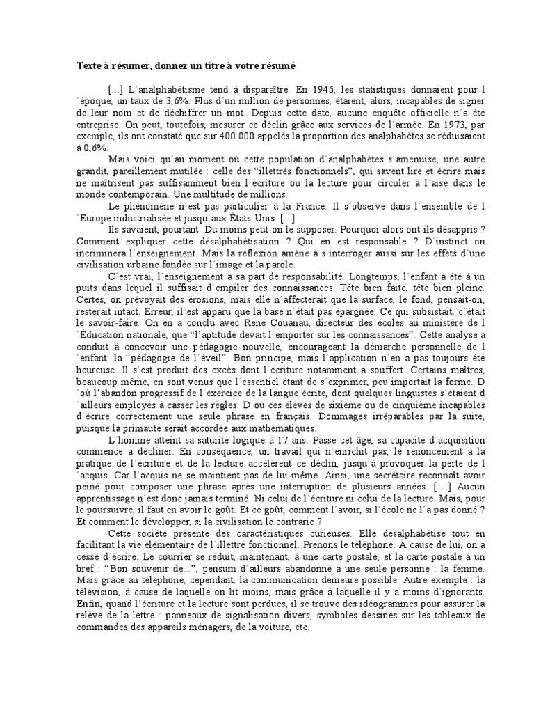 Exemple De Résumé De Texte Concours