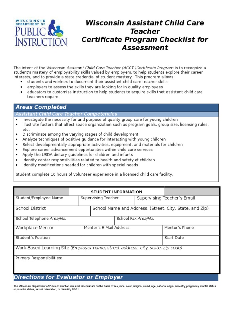 Wisconsin Child Care Teacher Certificate Checklist | PDF | Child Care ...