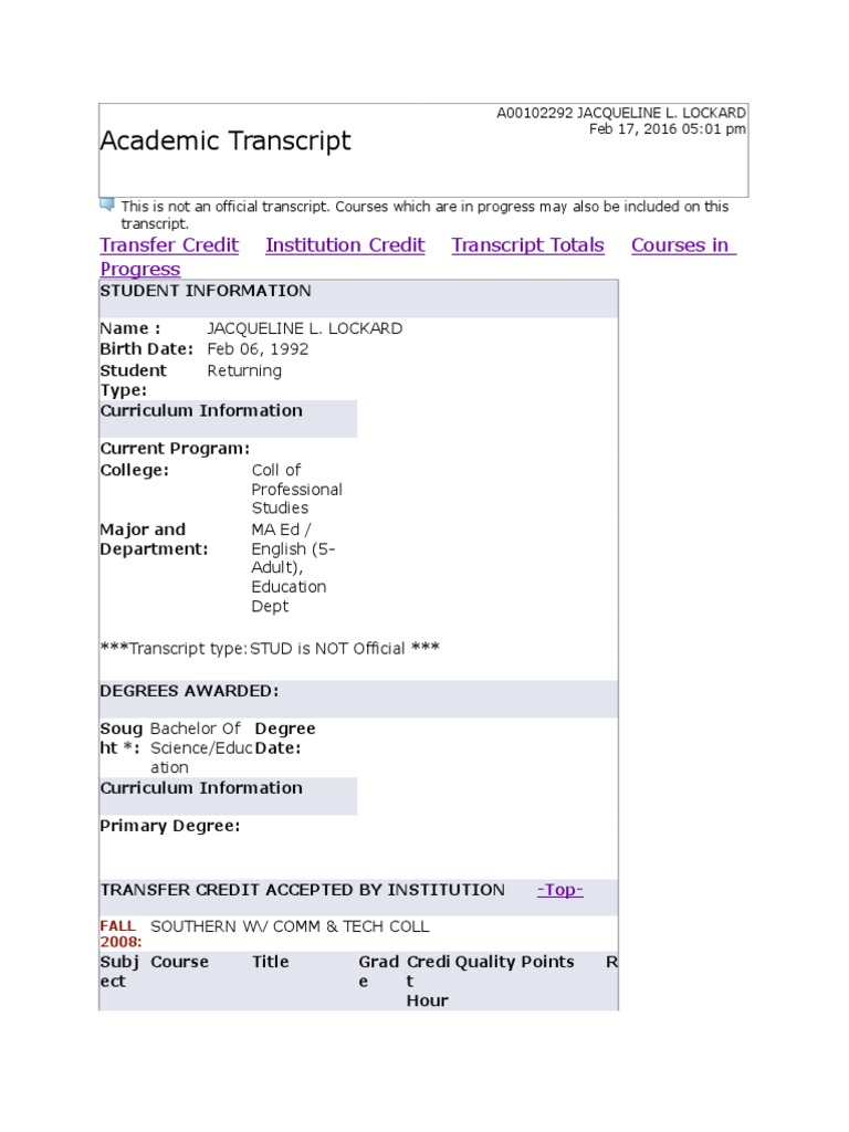 Unofficial Academic Transcript Summary | PDF | Cognition | Academia