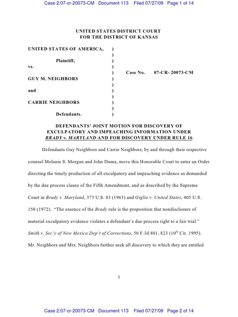 Brady V. Maryland and For Discovery Under Rule 16 PDF Brady V