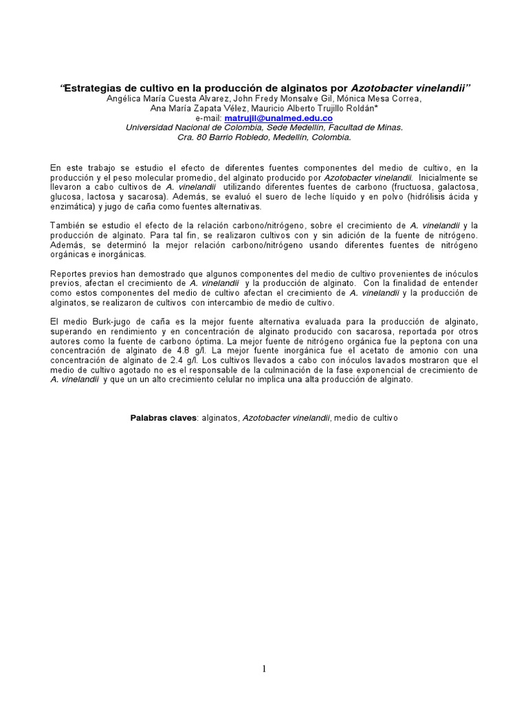 Cultivo de Azotobacter vinelandii para alginatos | PDF