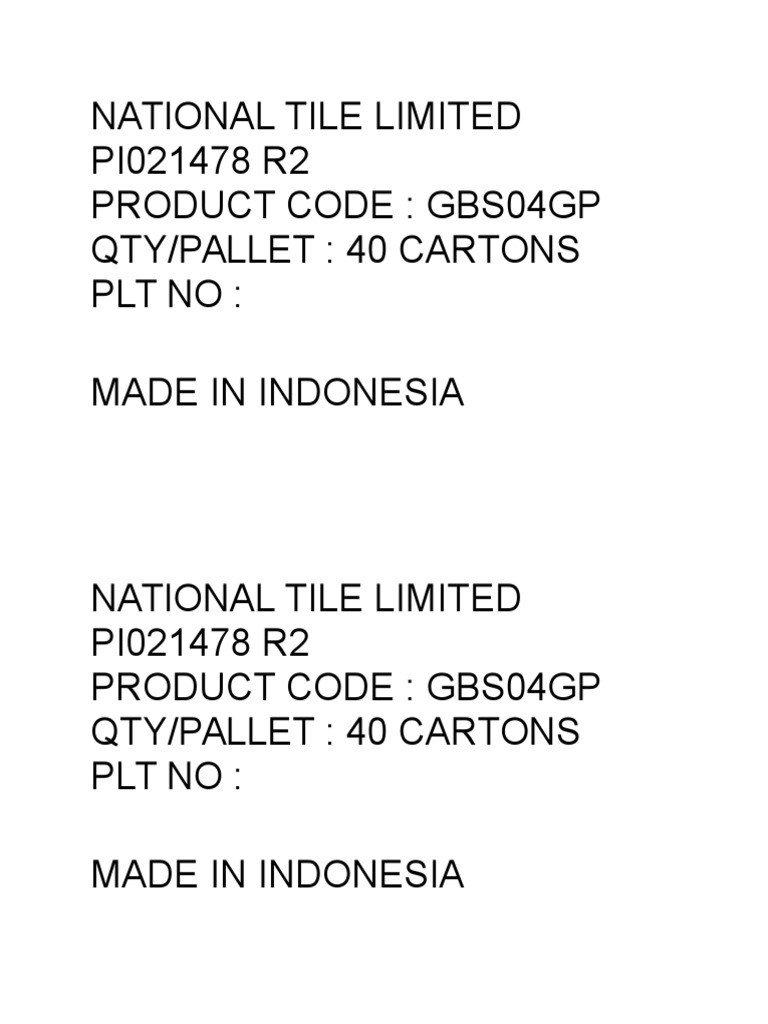 National Tile Limited Product Codes | PDF
