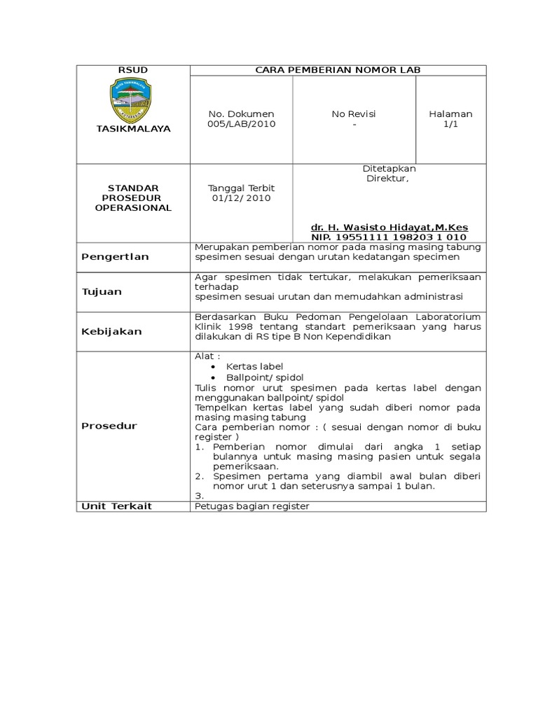 Prosedur Pemberian Nomor Lab Spesimen | PDF