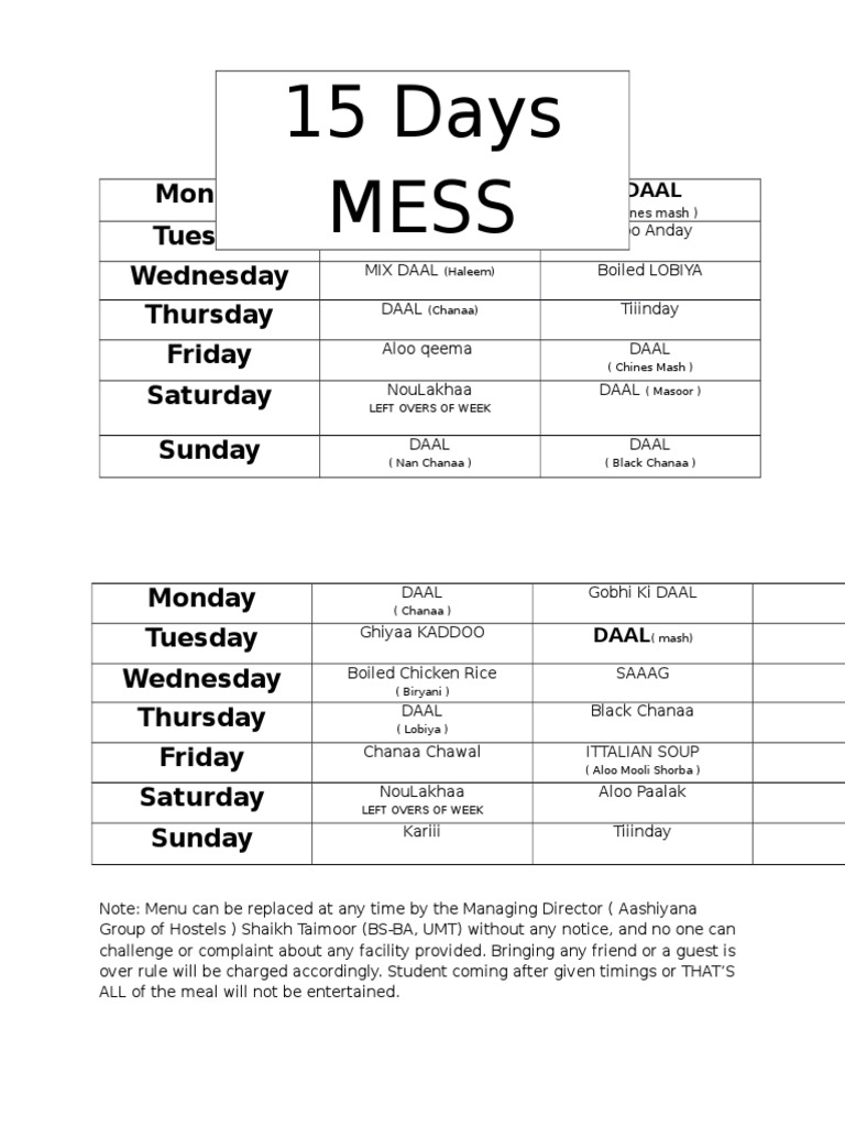 15 Days Mess: Monday Tuesday Wednesday Thursday Friday Saturday Sunday ...