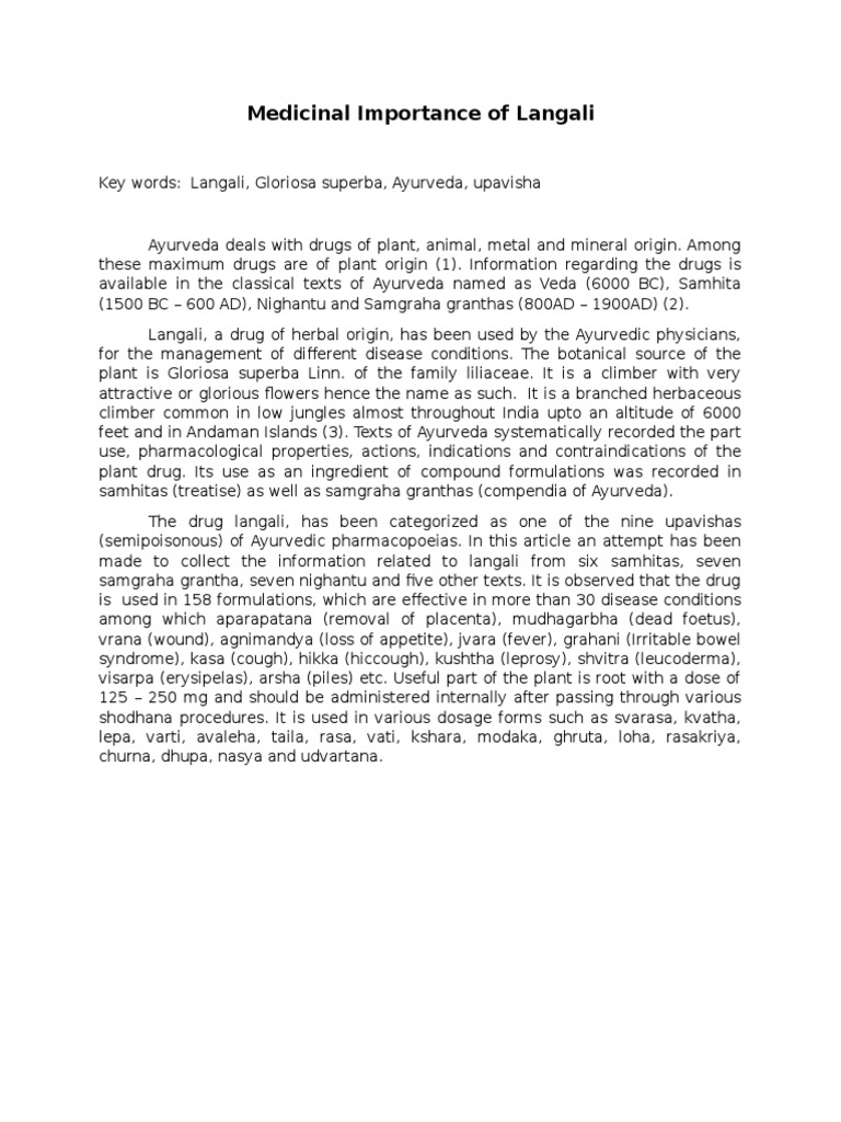 Medicinal Uses of Langali in Ayurveda | PDF