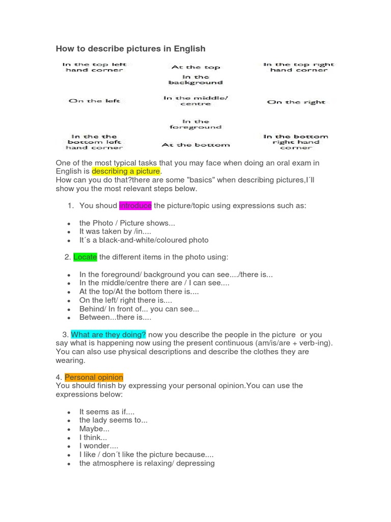 Picture Description Guide for Exams | PDF | Language Arts & Discipline