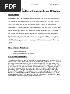 Preparation Of Ammonium Copper Ii Sulphate Pdf Mole Unit Salt Chemistry