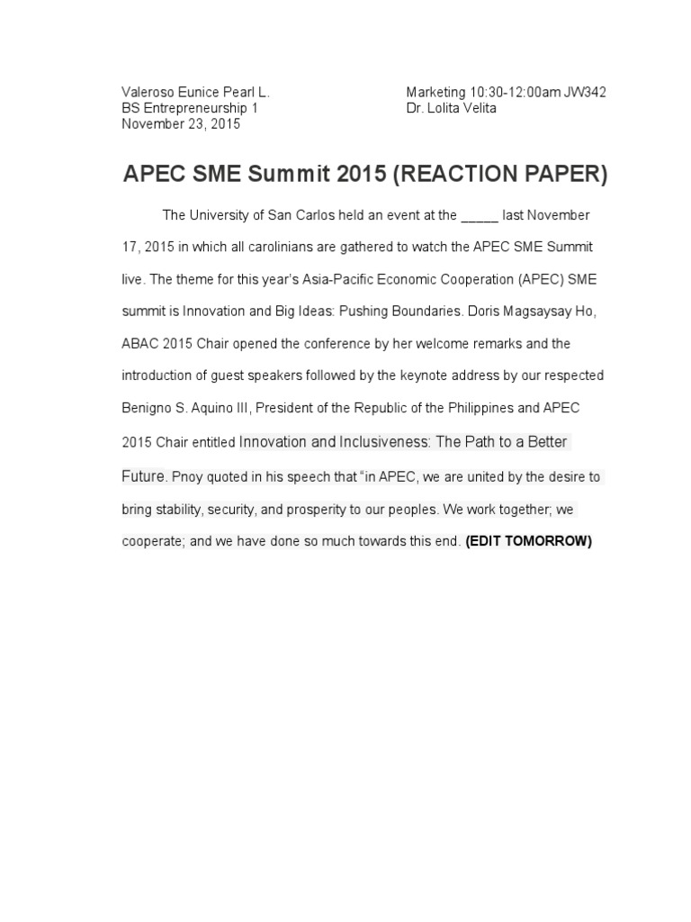 APEC SME Summit 2015 Reaction Paper | PDF