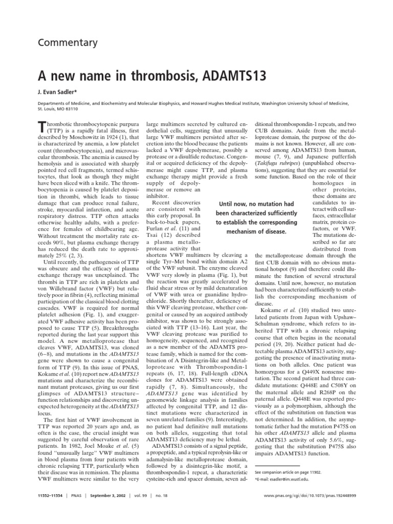 A New Name in Thrombosis, ADAMTS13 | PDF | Platelet | Molecular Biology
