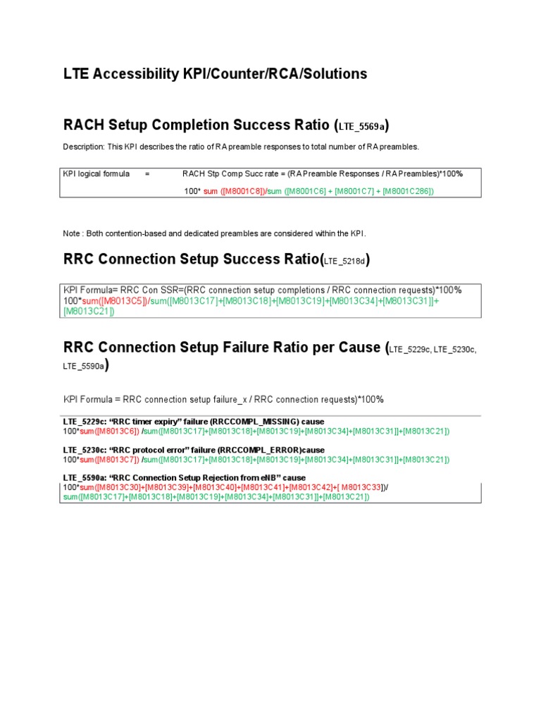 LTE Accessibility KPI/Counter/RCA/Solutions: Sum ( (M8001C8) ) | PDF ...