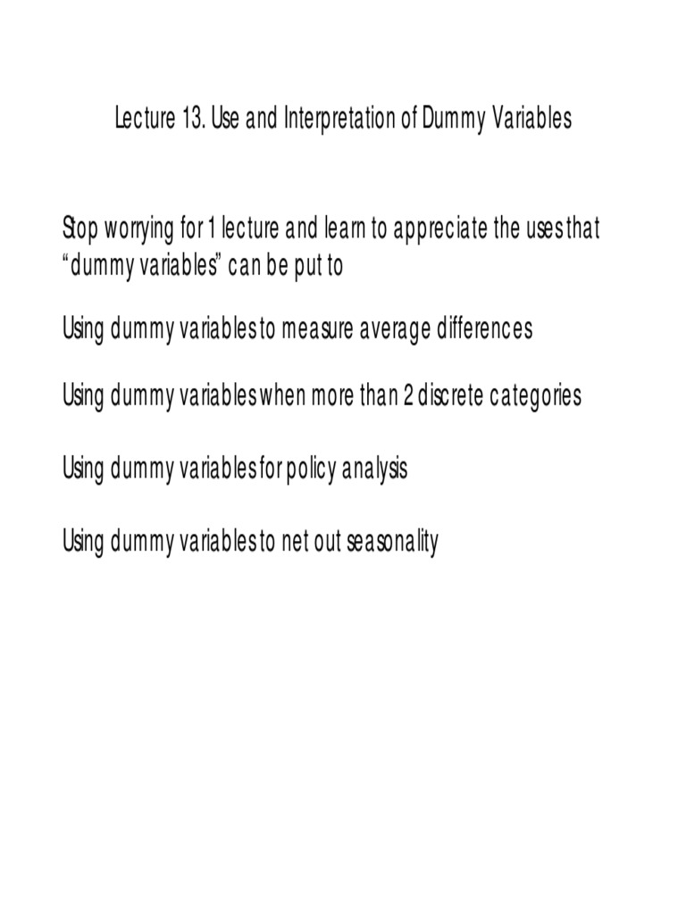Lecture 13 Use and Interpretation of Dummy Variables PDF Dummy