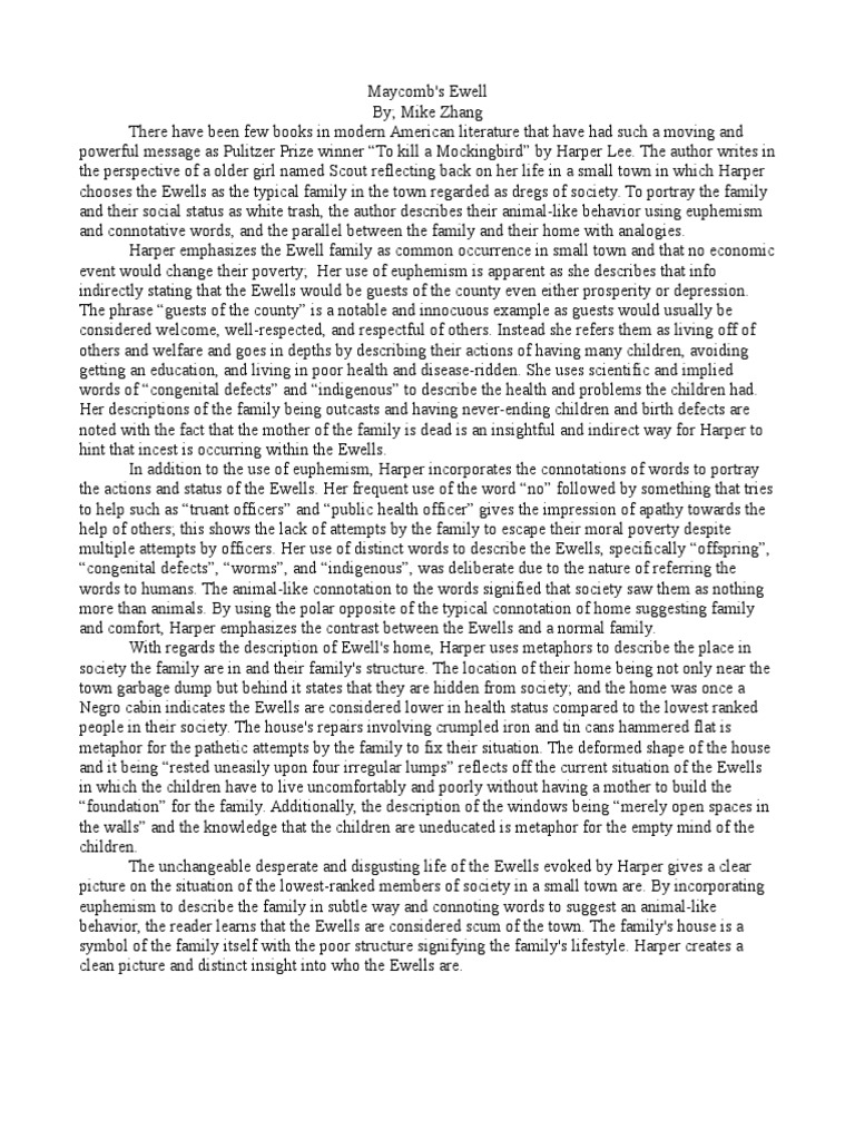 To Kill a Mockingbird Passage Analysis To Kill A Mockingbird Harper Lee