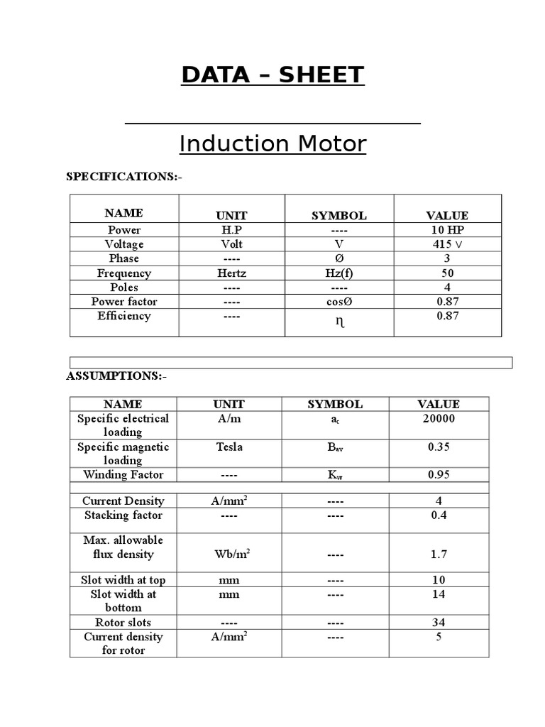 Design of A Squirrel Cage Induction Motor: Data - Sheet | PDF ...