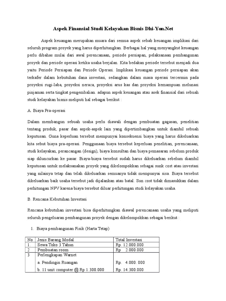 Studi Kelayakan Bisnis Aspek Finansial