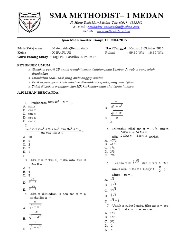 Soal Uts Genap Mat Peminatan Kelas X Plus 2015 2016 Pdf