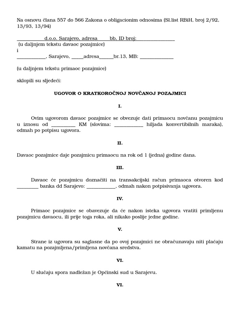 Ugovor o Kratkorocnoj Pozajmici | PDF