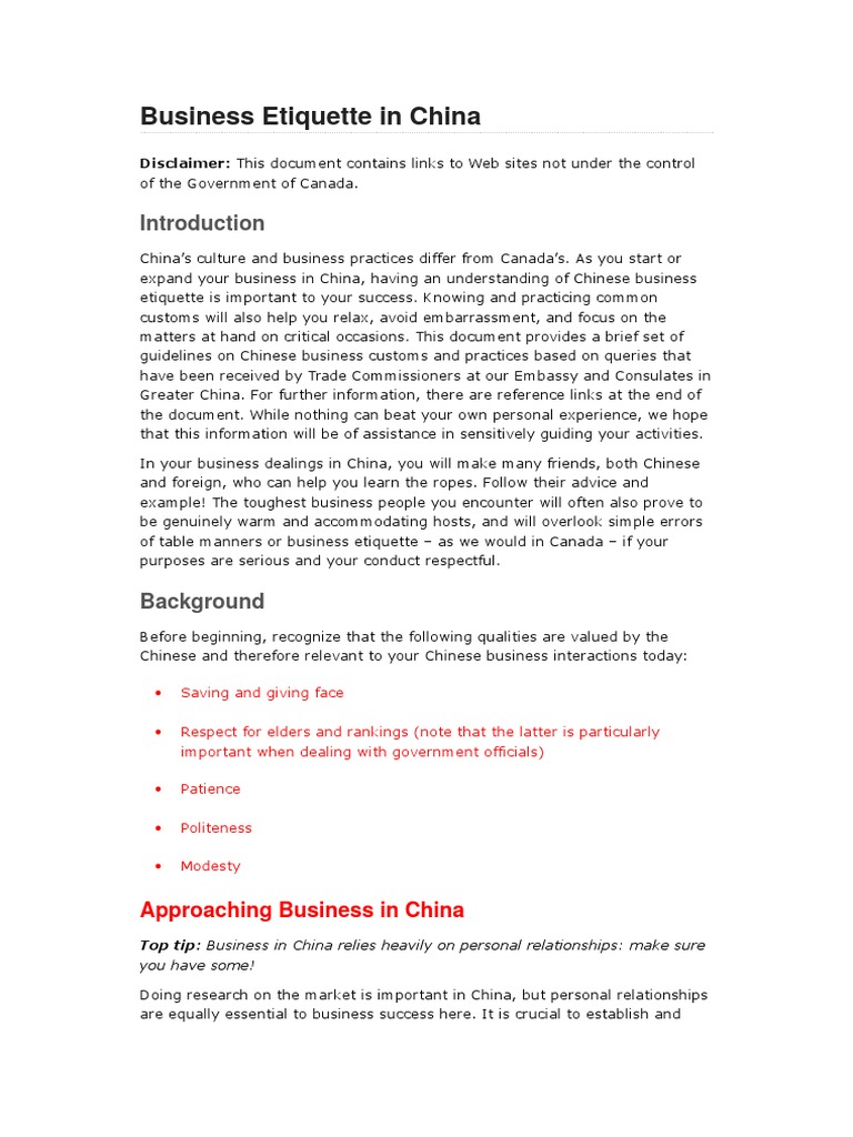 Business Etiquette In China Pdf Etiquette Tableware