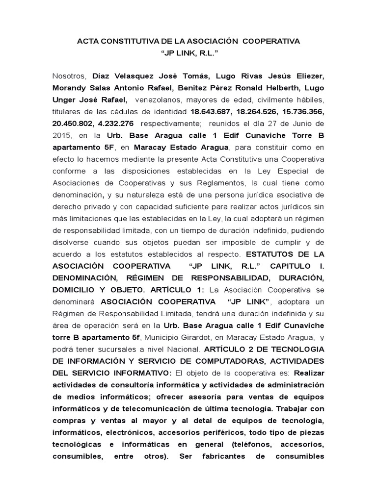 Acta Constitutiva De La Asociaci n Cooperativa Actualizada 11 08 2015 