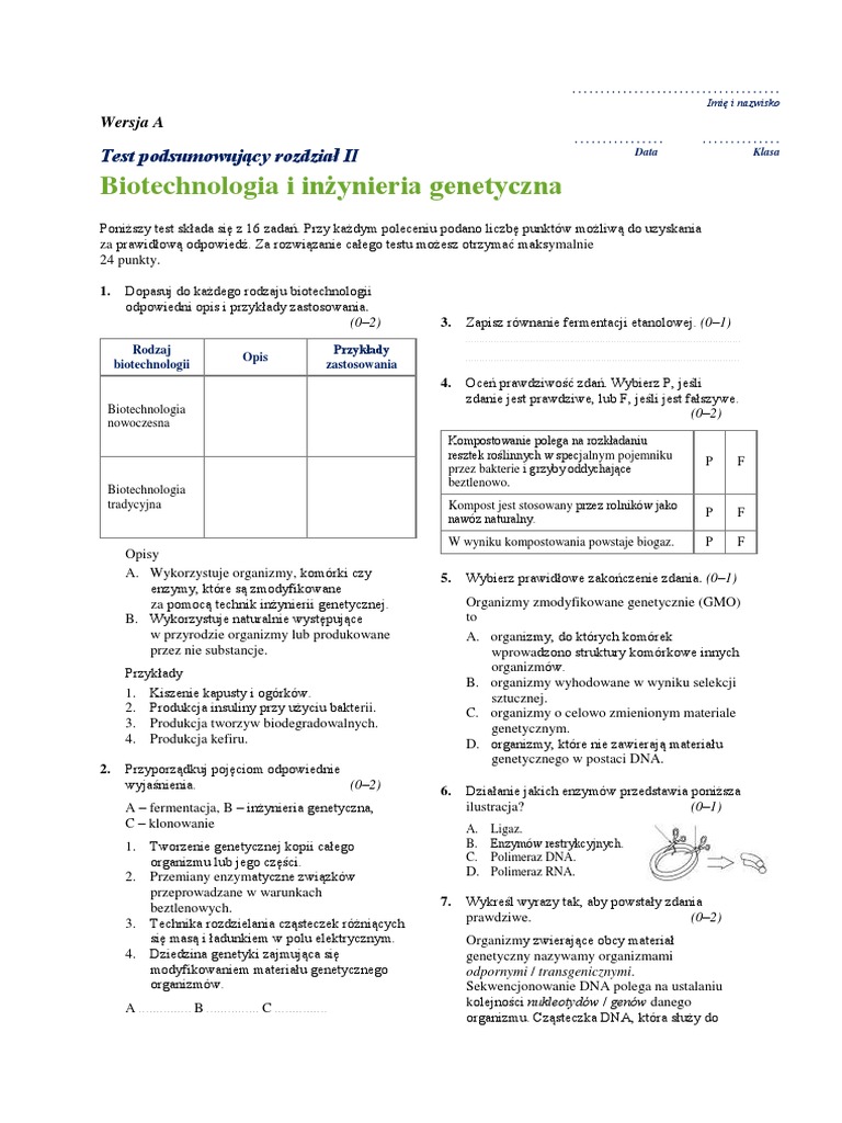 Biologia Biotechnologia I Inżynieria Genetyczna Odpowiedzi