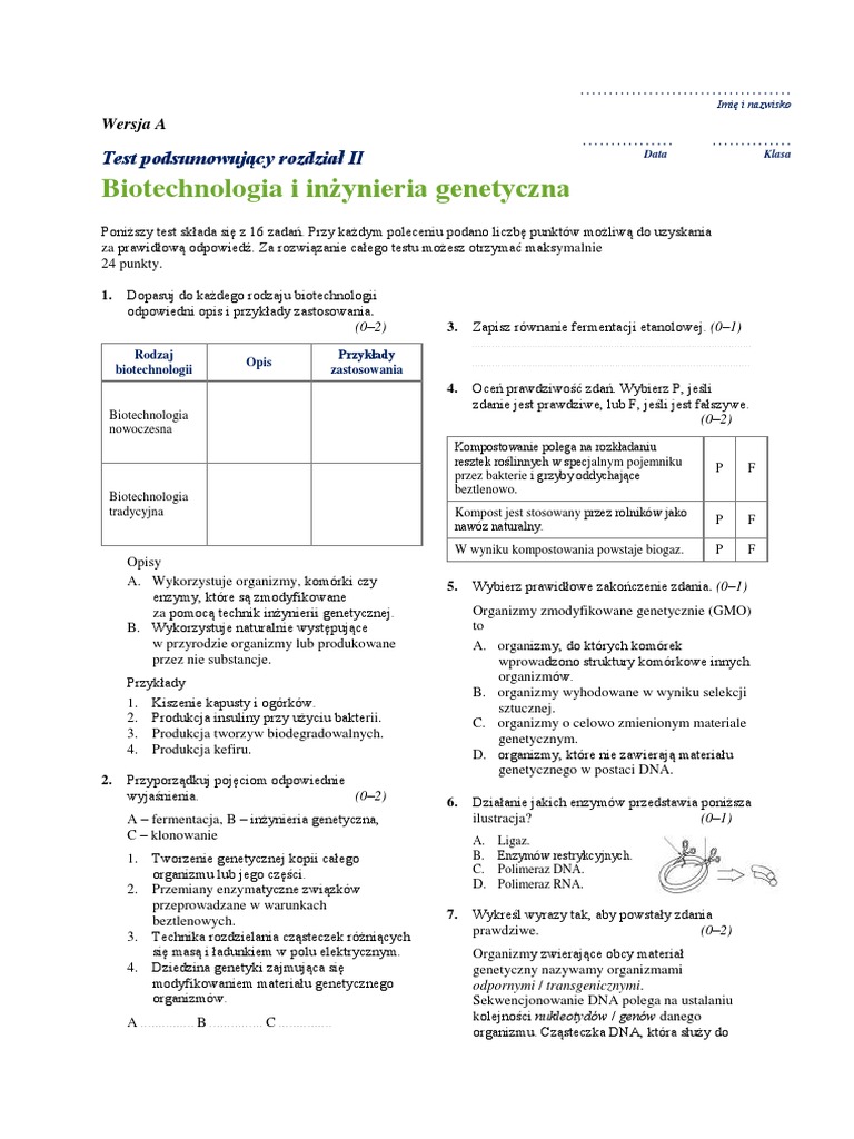 Biologia Biotechnologia I Inżynieria Genetyczna Odpowiedzi Biotechnologia i inżynieria genetyczna test