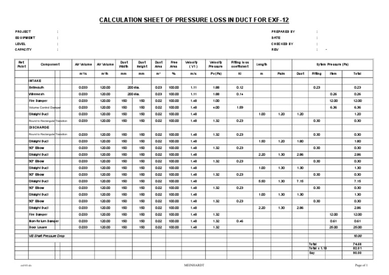 Duct Pressure Loss Calculation Sheet | PDF
