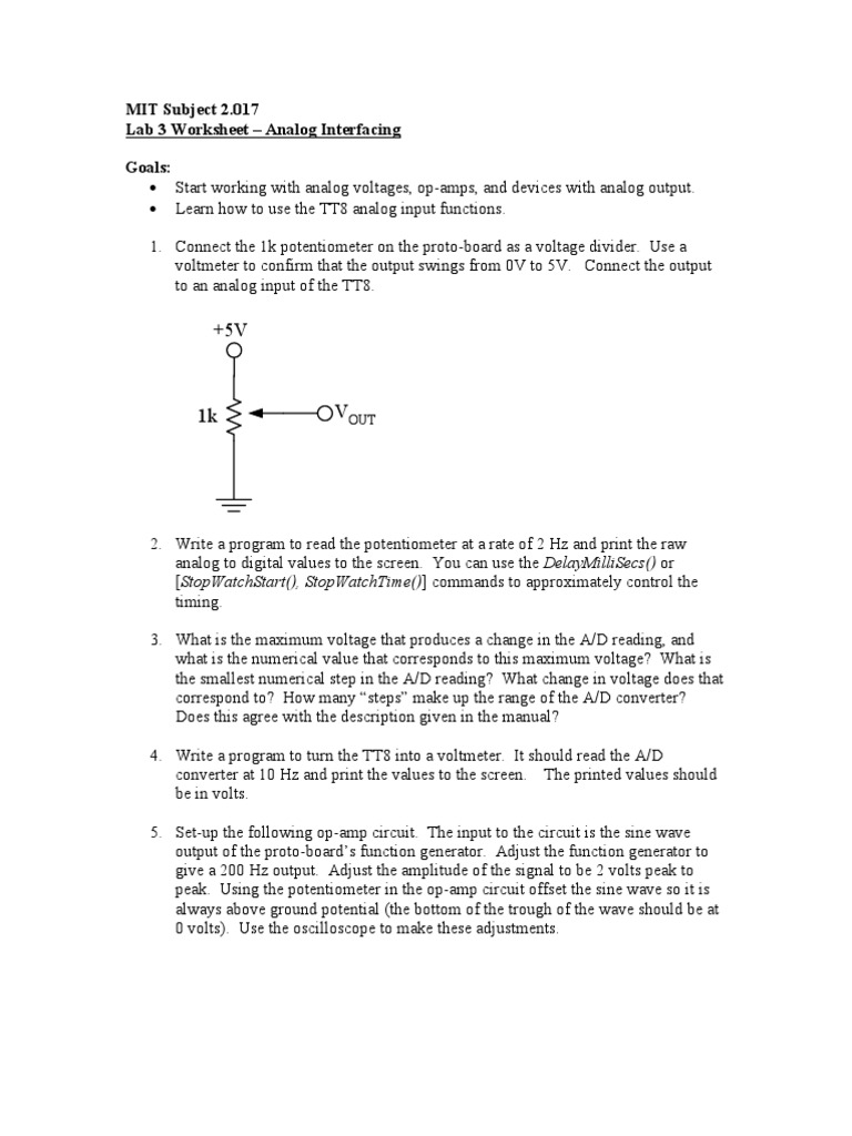 Analog Interfacing Lab 3 Worksheet | PDF | Analogue Electronics ...