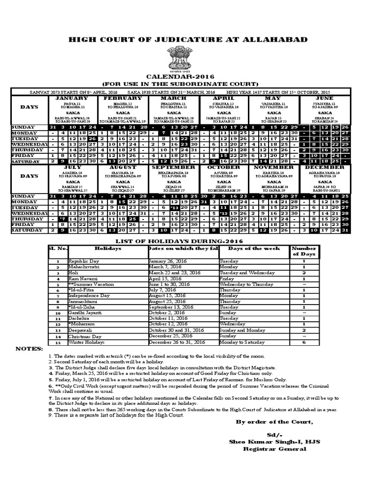 Allahabad High Court Calendar,2016 Holidays Observances Free 30