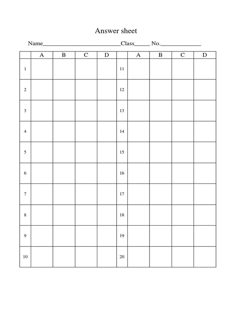Answer Sheet: Name - Class - No. - A B C D A B C D | PDF