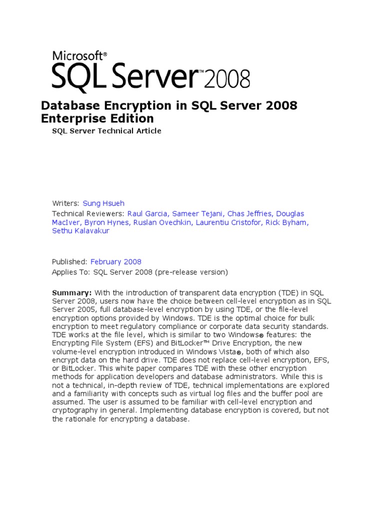 Database Encryption in SQL Server 2008 Enterprise Edition | PDF | Key ...
