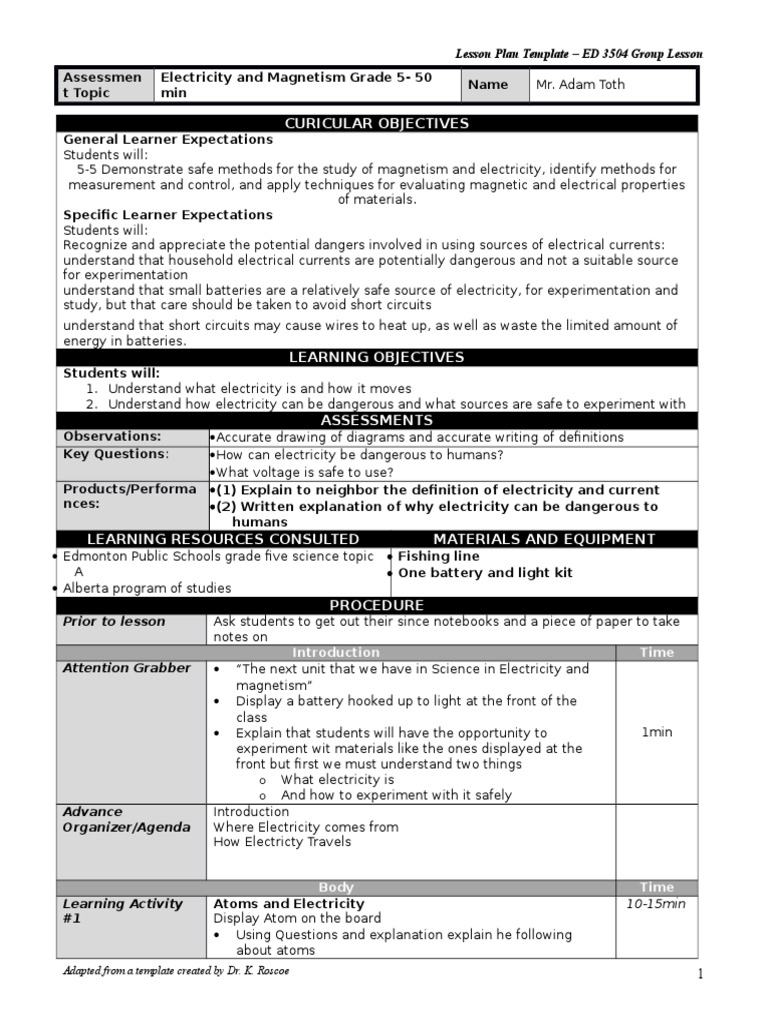 Grade 5 Electricity & Magnetism Lesson Plan | PDF | Atoms | Electricity