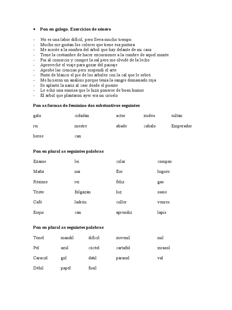 Exercicios de Xénero en Galego | PDF | Artes (general) | Naturaleza