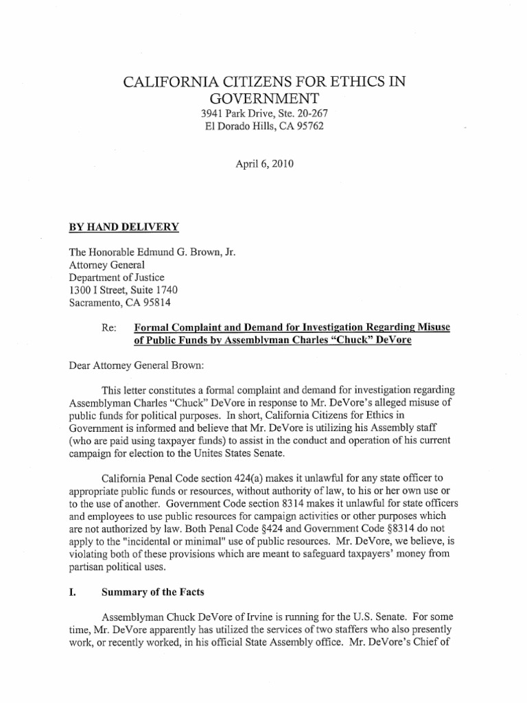 CA Attorney General Complaint Against Chuck Devore