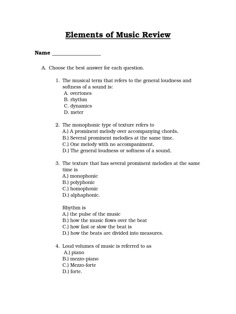 Elements of Music Quiz PDF Rhythm Elements Of Music