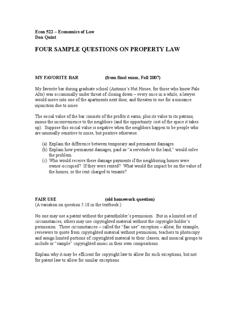 Sample Questions on Property Law2 Adverse Possession Fair Use