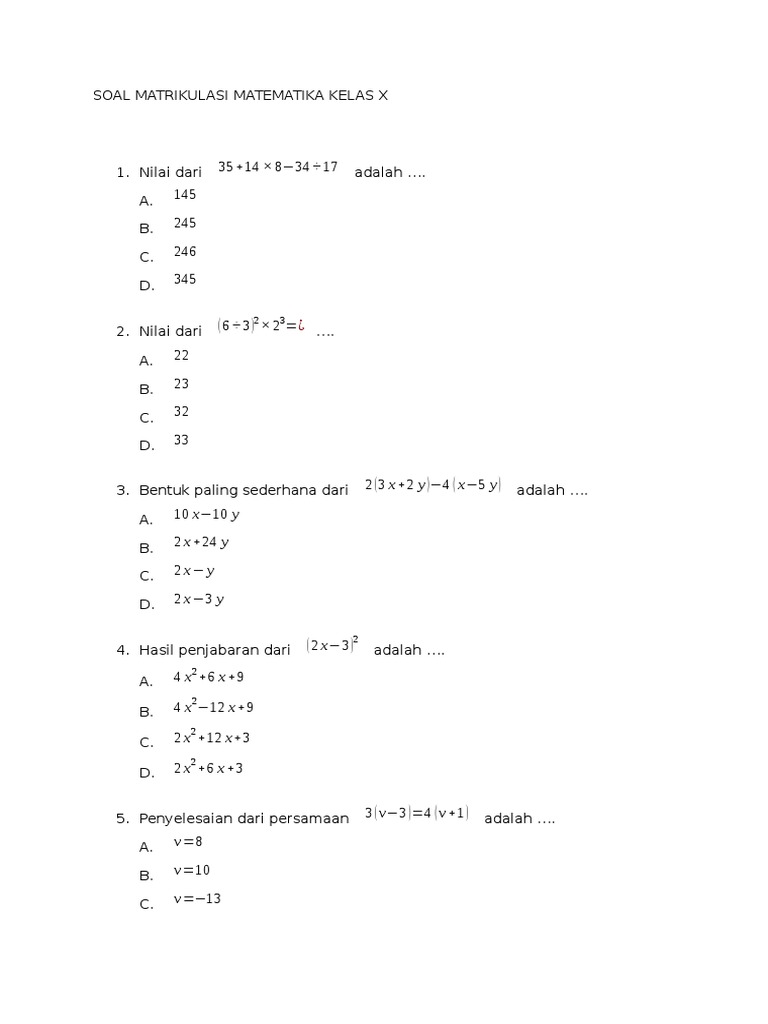 Soal Matrikulasi Matematika Kelas X