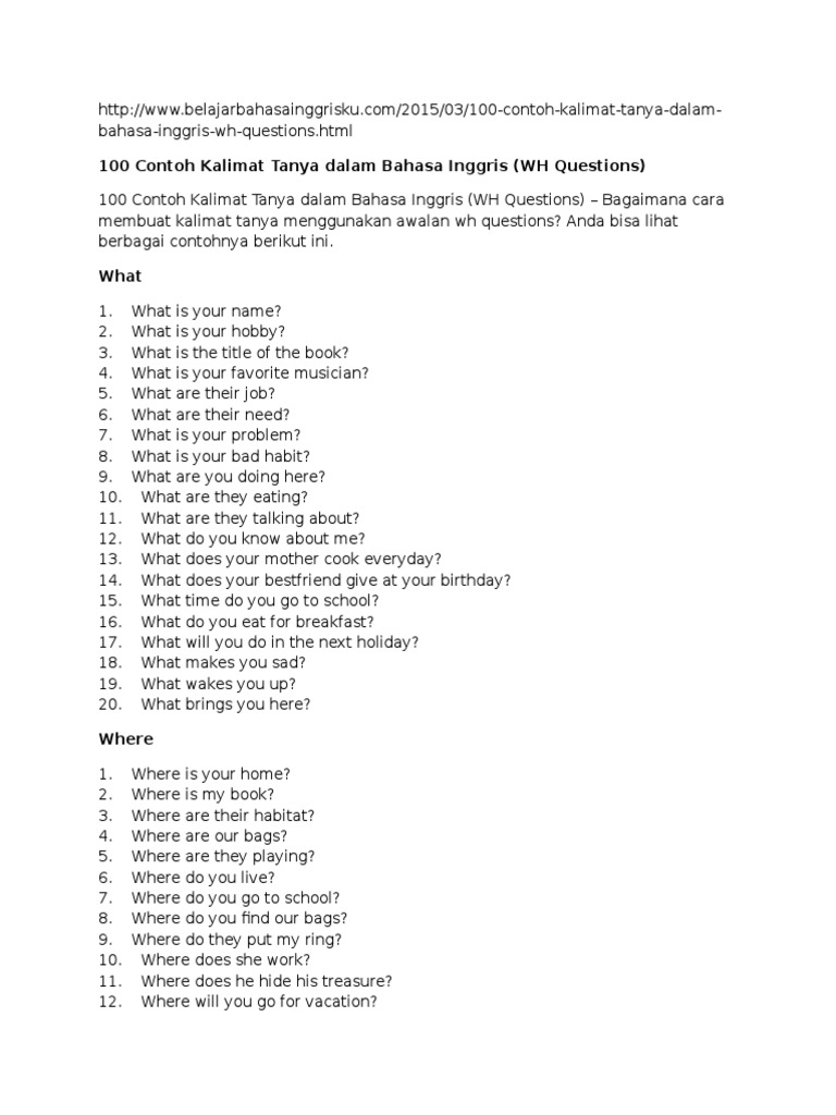 100 Contoh Kalimat Tanya Dalam Bahasa Inggris Wh Questions