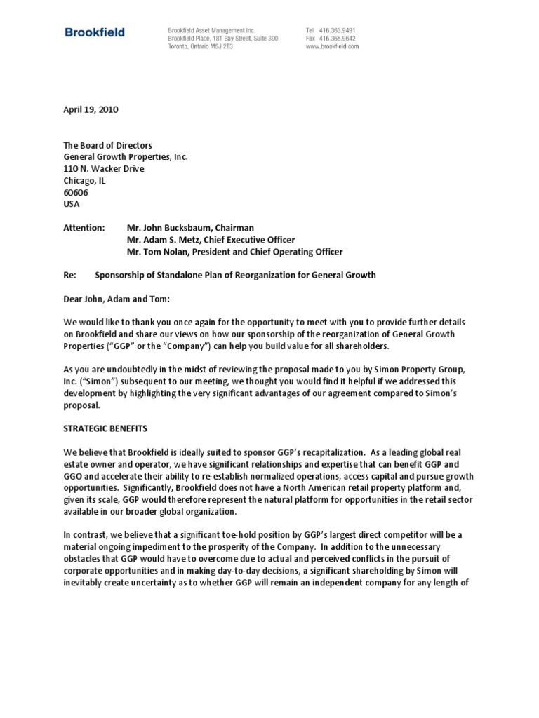 Brookfield Letter to General Growth re Plan Mergers