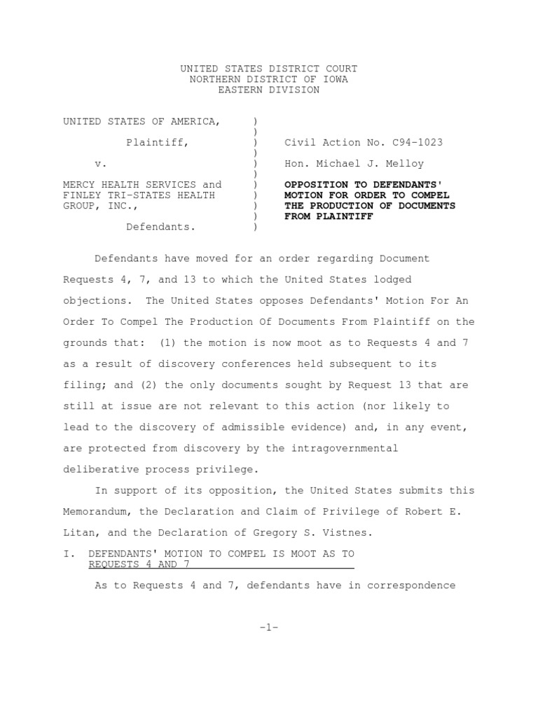 Opposition To Defendants' Motion For Order To Compel The Production of