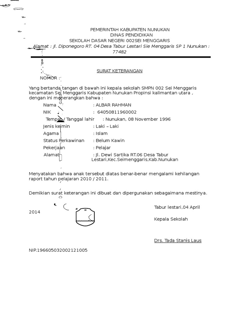 Surat Keterangan Kehilangan Rapor 