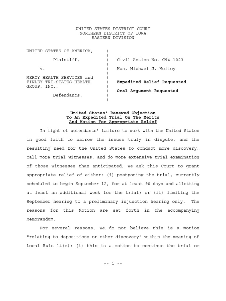 United States' Renewed Objection To An Expedited Trial On The Merits