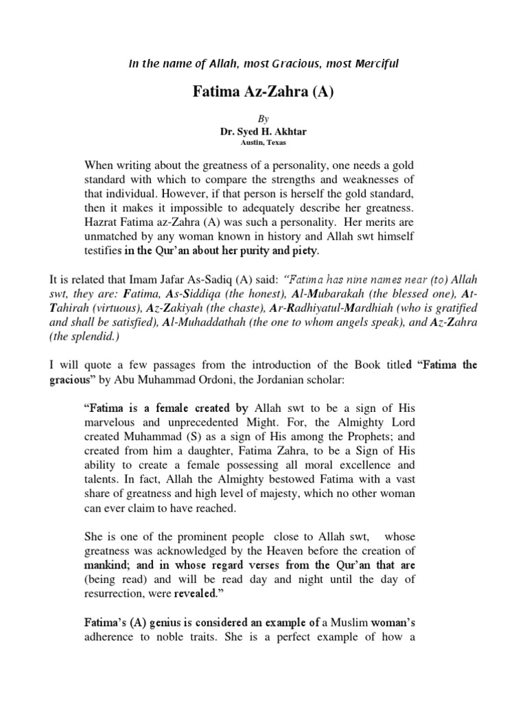 The Greatness of Fatima Az-Zahra (A) | PDF | Muhammad | Islamic Theology