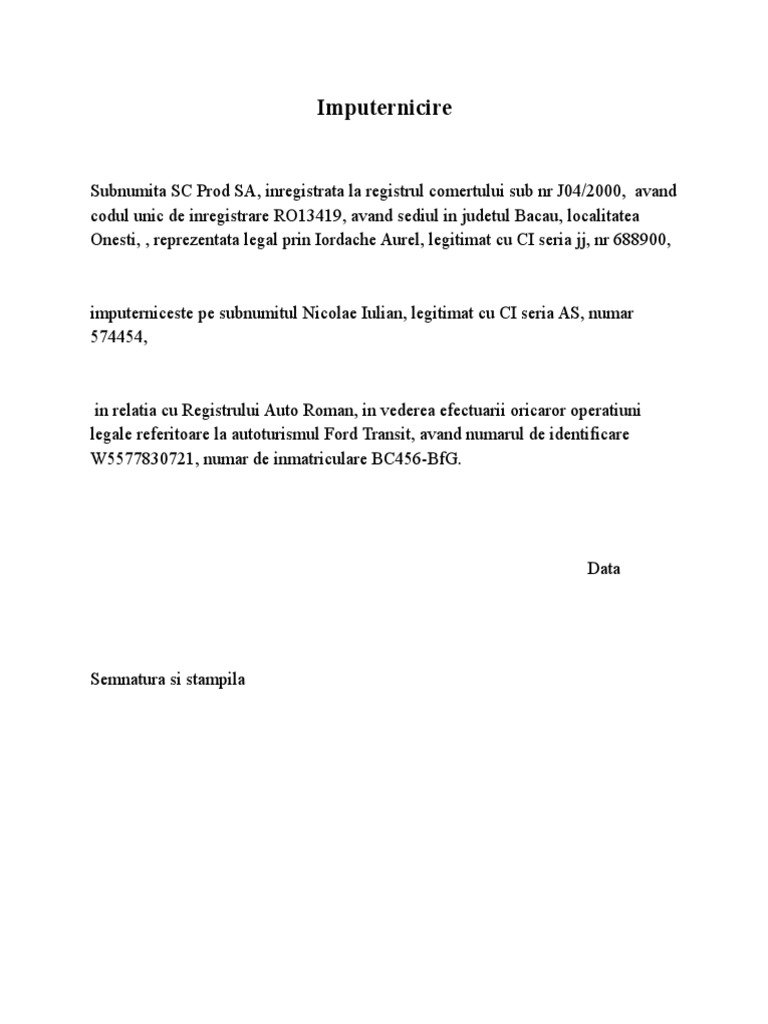 Model Imputernicire Auto Rar PDF