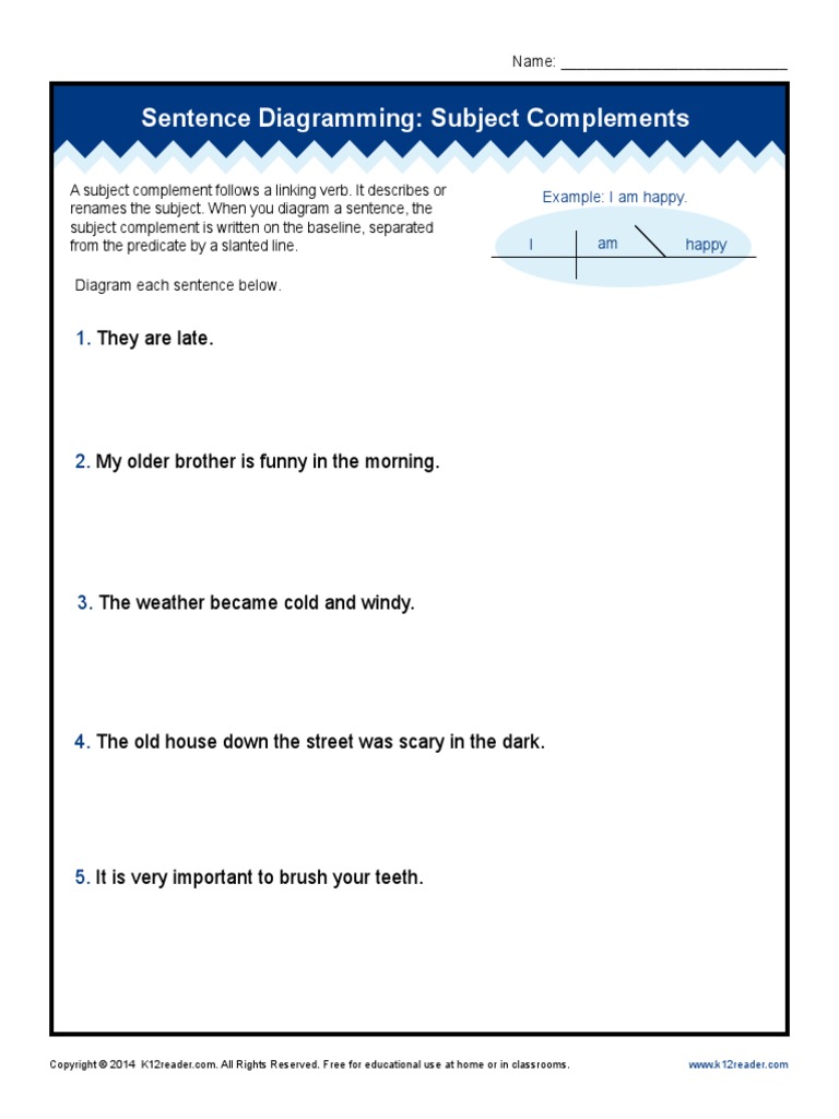 Sentence Diagramming Subject Complements | PDF | Language Arts & Discipline | Foreign Language Studies for Free Printable Diagramming Sentences Worksheets