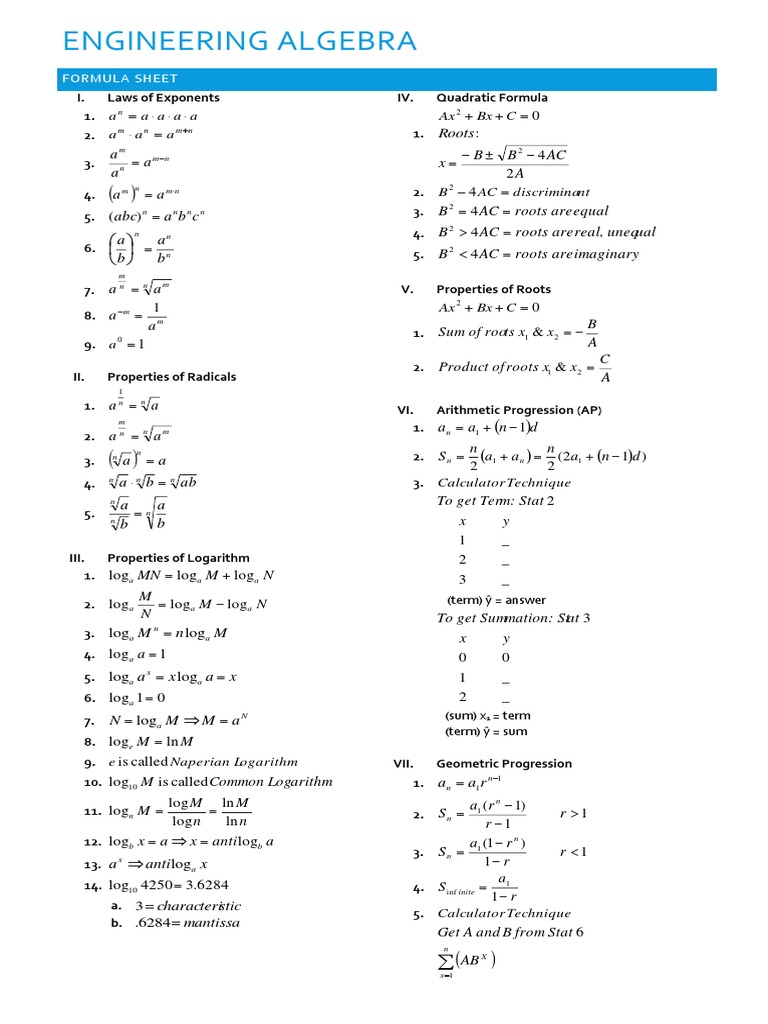 Engineering Algebra Formula Sheet | PDF
