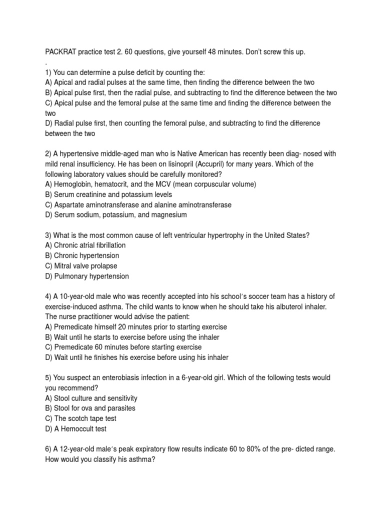 Packrat Practice Test 2 Rtt Diseases And Disorders