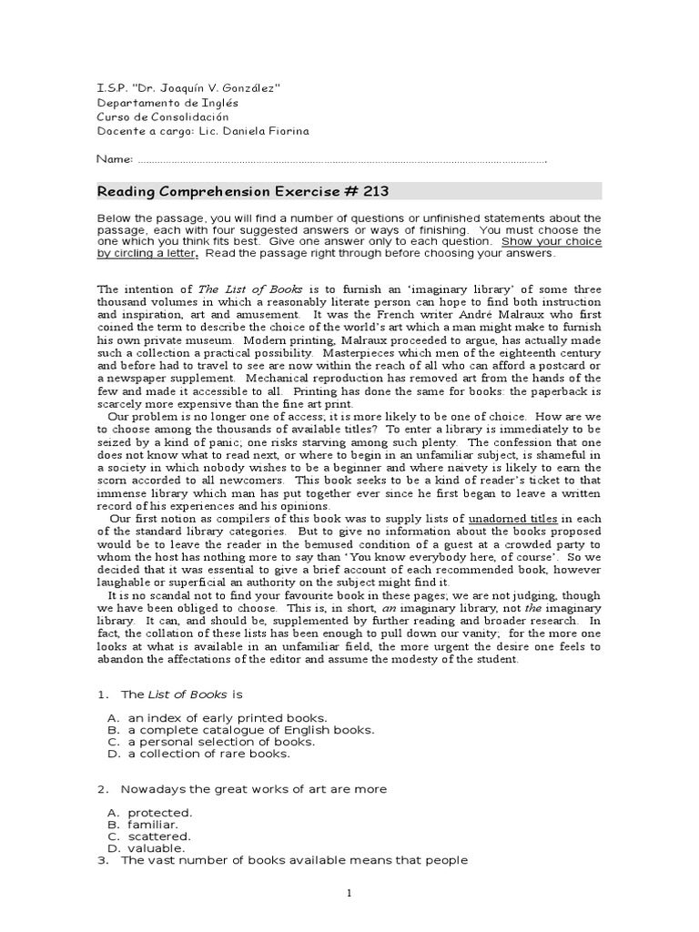 Reading Comprehension Exercise # 213 | PDF | Libraries