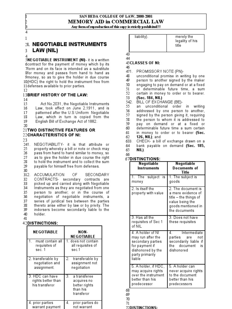 Memory Aid - COMML | PDF | Negotiable Instrument | Banking