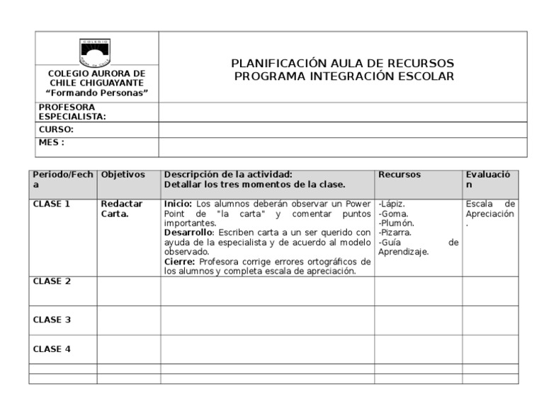 Formato Planificación Aula de Recursos | PDF