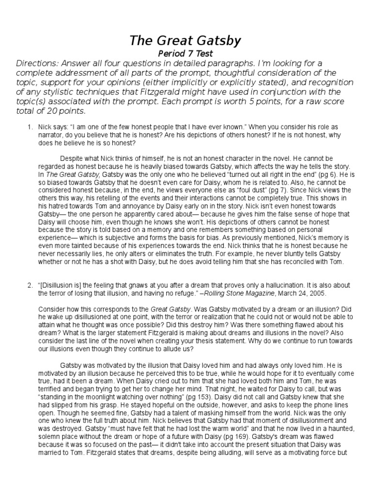 essay questions on the great gatsby